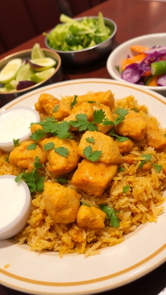 Traditional Ramadan Chicken Biryani Recipe A colorful plate of chicken biryani garnished with cilantro and mint, served with raita and salad.
